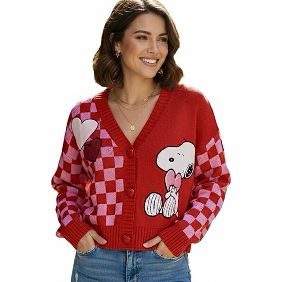 Peanuts Sweaters - Peanuts Snoopy Valentine's Day Heart Checkerboard Cardigan red pink  NWT medium